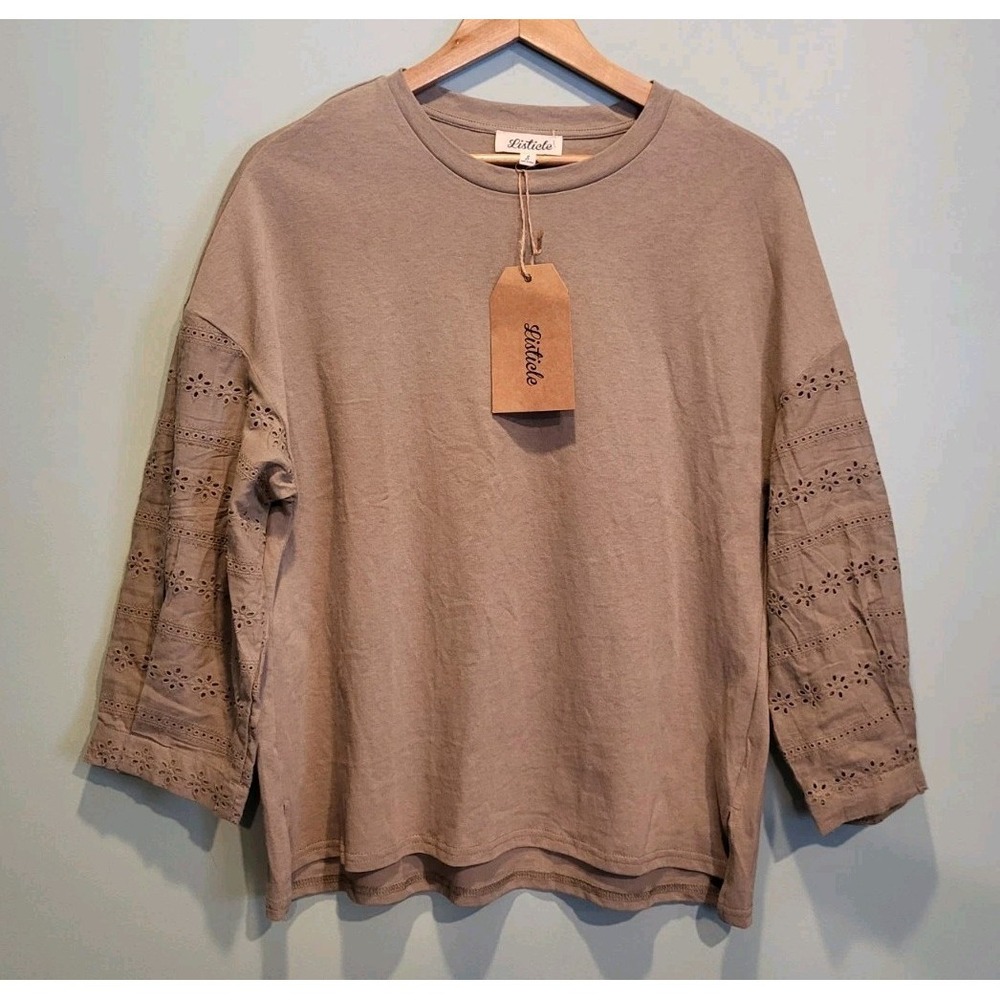 New Listicle Olive Eyelet Lace 3/4 Sleeve Oversized Boxy Top Sz S